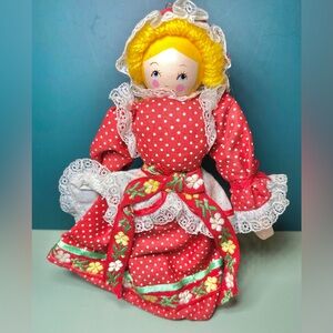 Vintage 1985 Wooden Faced Cloth Doll Red Polka Dot Dress, Lace Trim, Embroidered